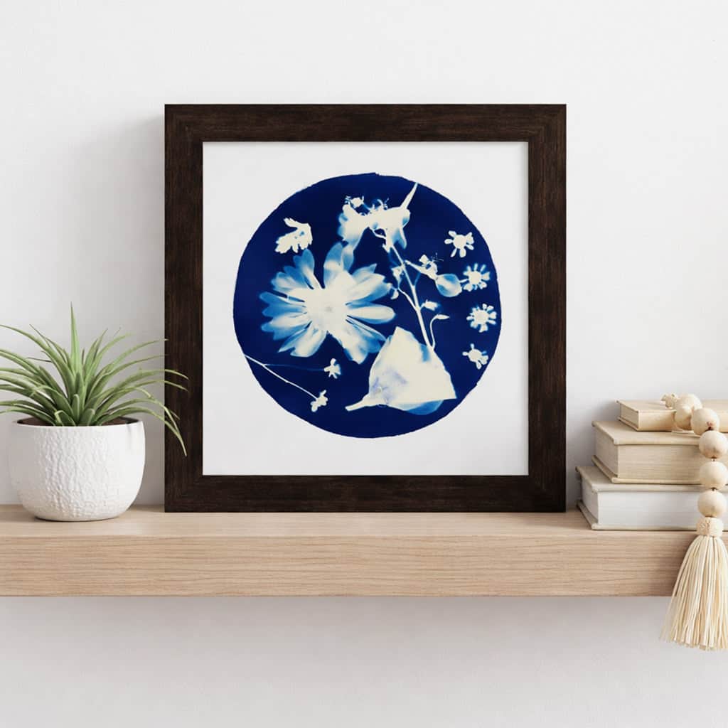 Framed artwork with blue and white floral design on a wooden shelf.