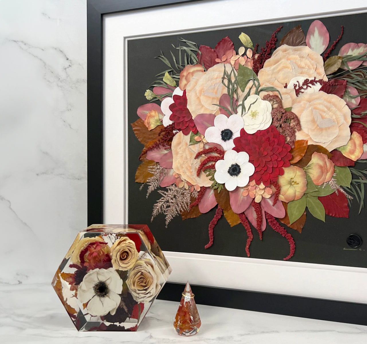 Bridal Bouquet Preserved in Resin Floral Block and Pressed & Framed Display - DBAndrea