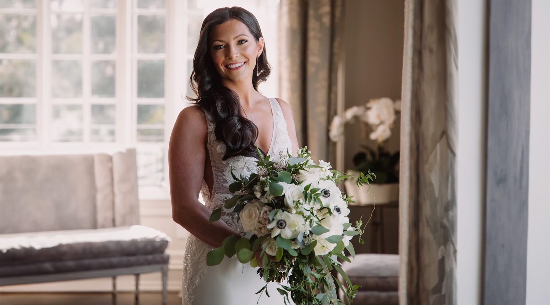 Bride Holding White Wedding Bouquet - DBandrea